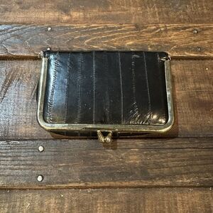 Vintage Eel Skin Black Kiss Lock Wallet Cosmetic Bag Mirror Gold  5.5x3.5